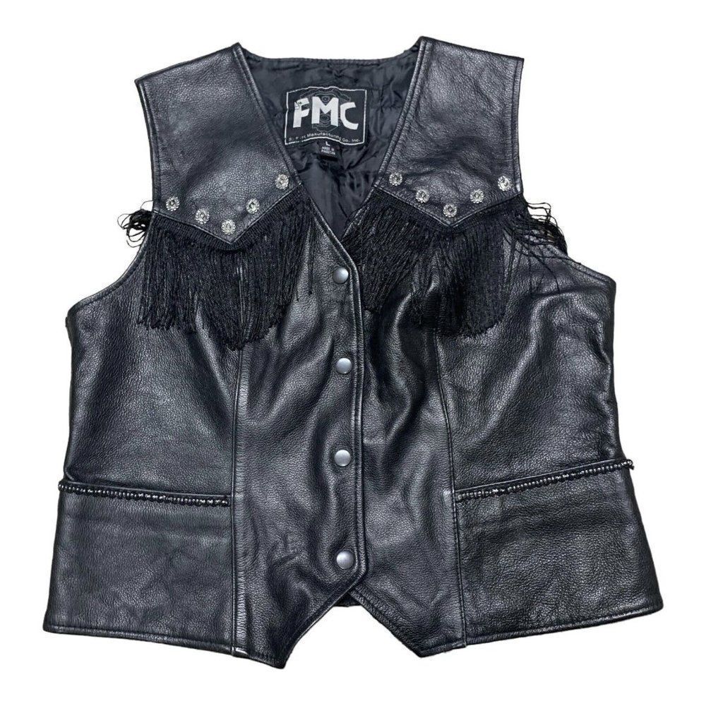 FMC Black Leather Motorcycle Biker Vest Large Harley Davidson Patch Women Fringe